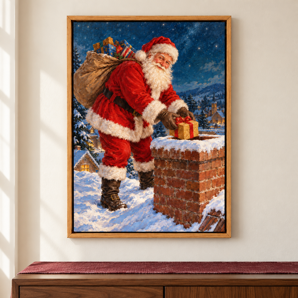 Santa Delivering Gift at Chimney — Brown Frame room scene | AUSJOJO