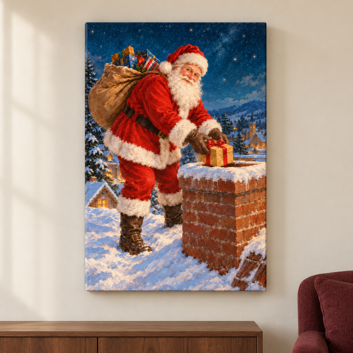 Santa Delivering Gift at Chimney — Stretched Canvas room scene | AUSJOJO