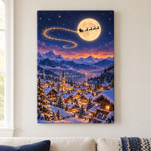 Moonlit Sleigh over Alpine Village — framed artwork main view | AUSJOJO