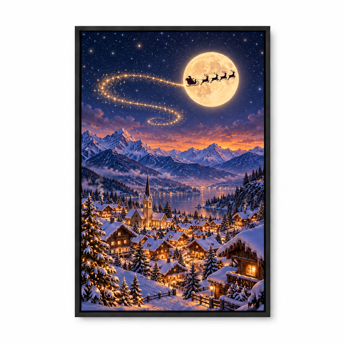 Moonlit Sleigh over Alpine Village — Black Frame finish product view | AUSJOJO