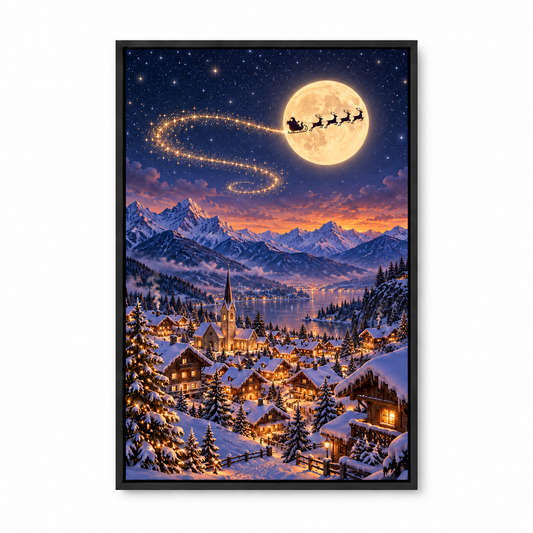 Moonlit Sleigh over Alpine Village — Black Frame finish product view | AUSJOJO