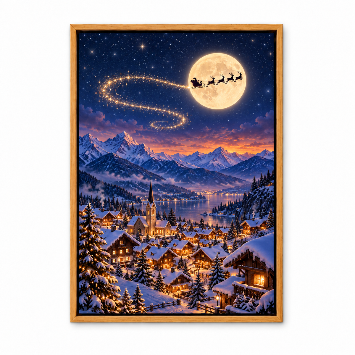 Moonlit Sleigh over Alpine Village — Brown Frame finish product view | AUSJOJO