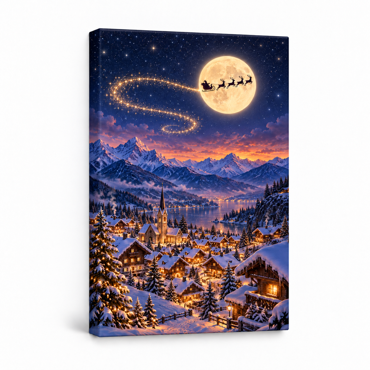 Moonlit Sleigh over Alpine Village — Stretched Canvas product view | AUSJOJO