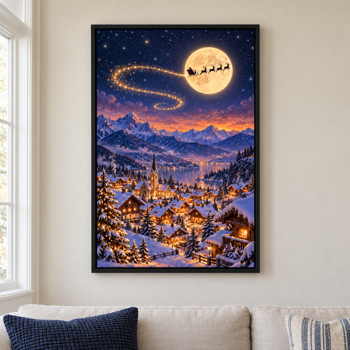 Moonlit Sleigh over Alpine Village — Black Frame room scene | AUSJOJO