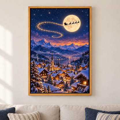 Moonlit Sleigh over Alpine Village — Brown Frame room scene | AUSJOJO