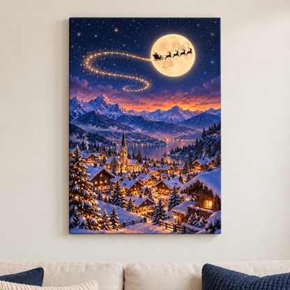Moonlit Sleigh over Alpine Village — Stretched Canvas room scene | AUSJOJO