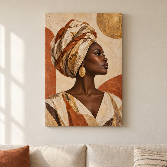 Earthtone Headwrap Woman Profile — framed artwork main view | AUSJOJO