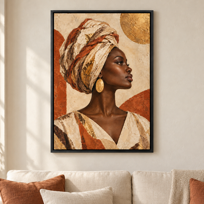Earthtone Headwrap Woman Profile — Black Frame room scene | AUSJOJO
