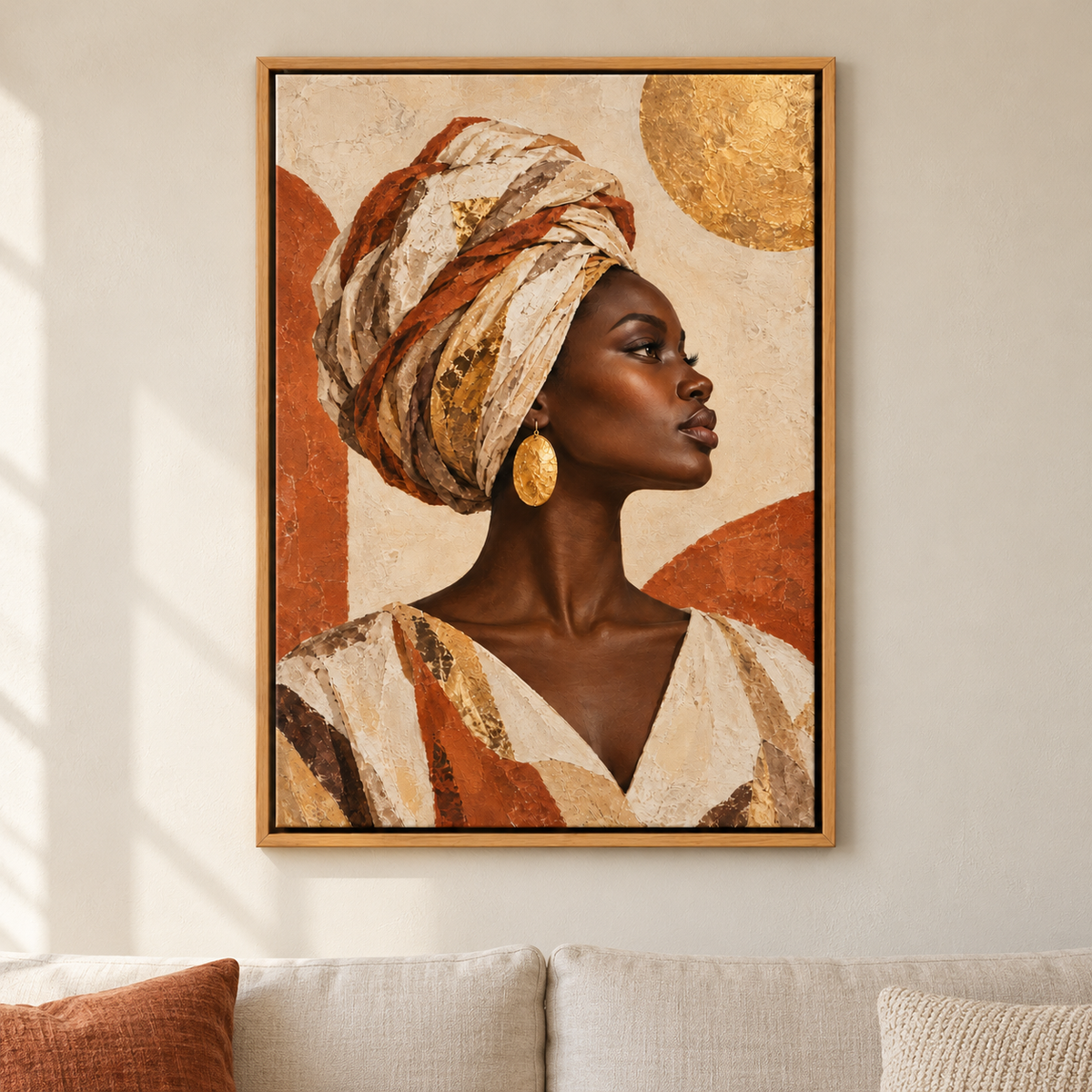 Earthtone Headwrap Woman Profile — Brown Frame room scene | AUSJOJO
