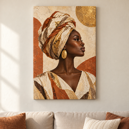 Earthtone Headwrap Woman Profile — Stretched Canvas room scene | AUSJOJO