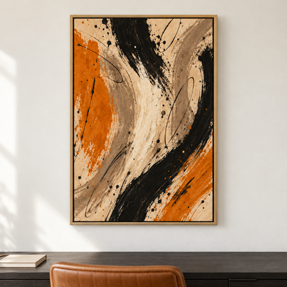 Black and Ochre Gestural Abstract — Black Frame room scene | AUSJOJO