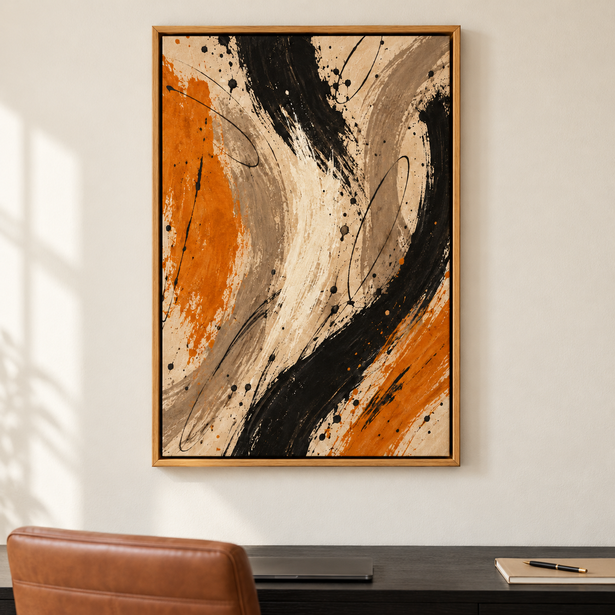 Black and Ochre Gestural Abstract — Brown Frame room scene | AUSJOJO