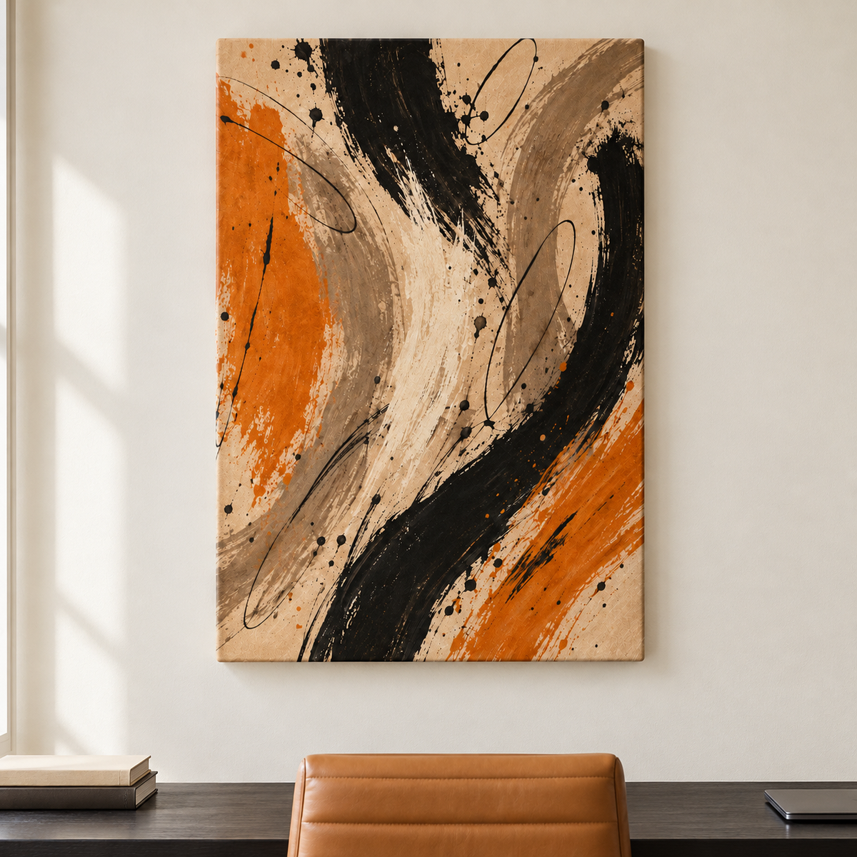 Black and Ochre Gestural Abstract — Stretched Canvas room scene | AUSJOJO