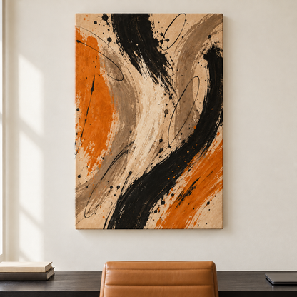 Black and Ochre Gestural Abstract — Stretched Canvas room scene | AUSJOJO