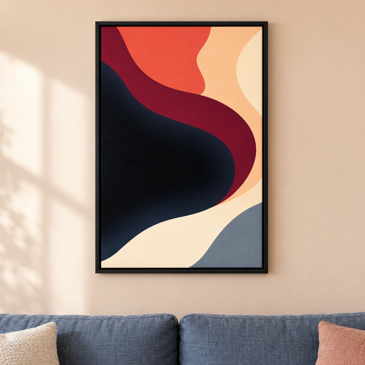 Coral and Burgundy Ribbon Abstract — Black Frame room scene | AUSJOJO