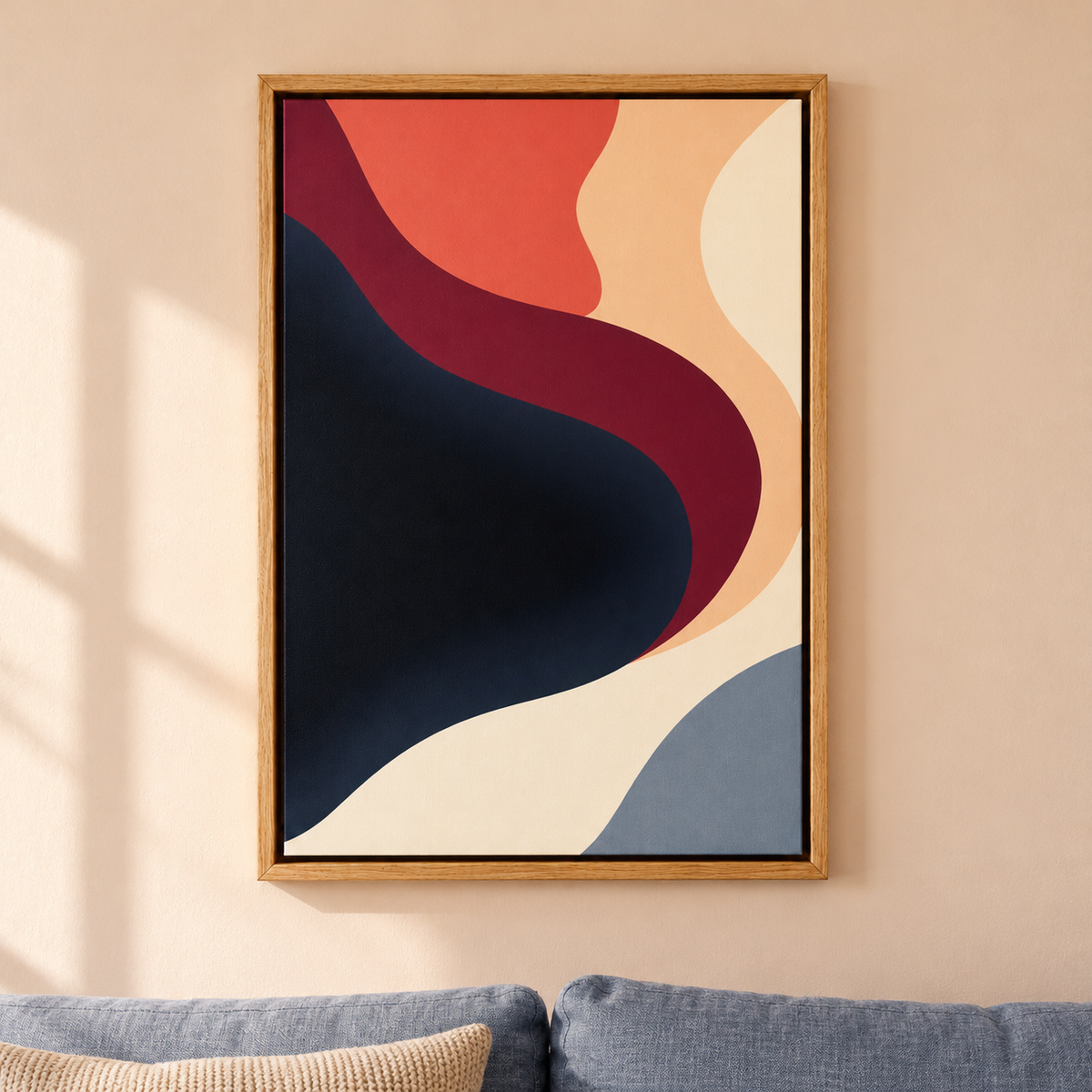 Coral and Burgundy Ribbon Abstract — Brown Frame room scene | AUSJOJO