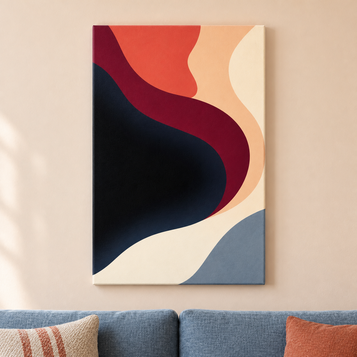 Coral and Burgundy Ribbon Abstract — Stretched Canvas room scene | AUSJOJO