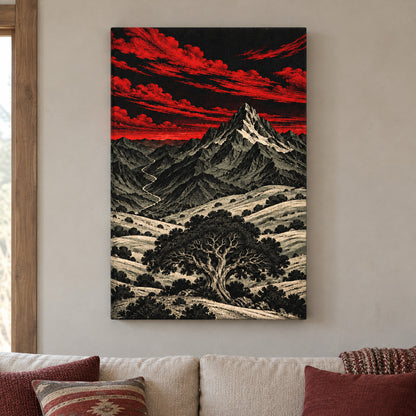 Crimson Mountain Woodcut Landscape — framed artwork main view | AUSJOJO