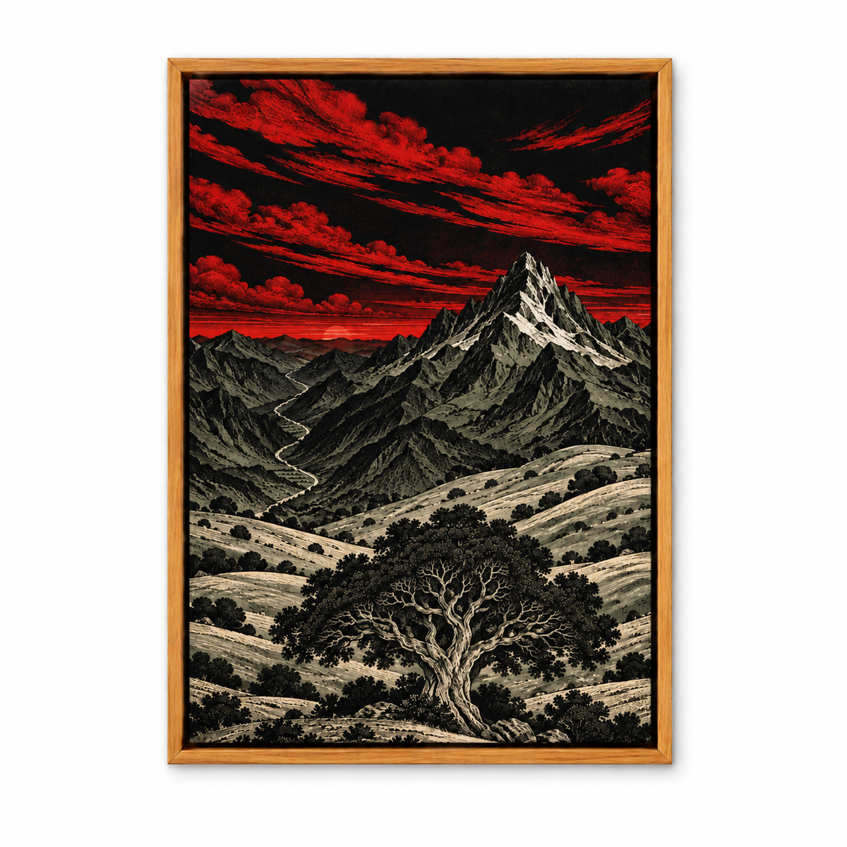 Crimson Mountain Woodcut Landscape — Brown Frame finish product view | AUSJOJO
