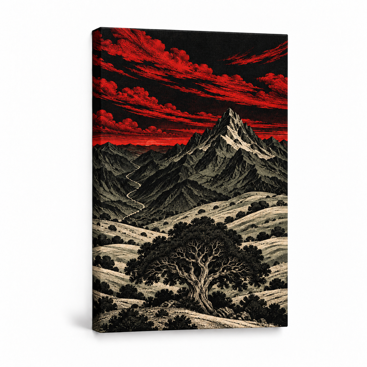 Crimson Mountain Woodcut Landscape — Stretched Canvas product view | AUSJOJO