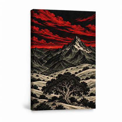 Crimson Mountain Woodcut Landscape — Stretched Canvas product view | AUSJOJO