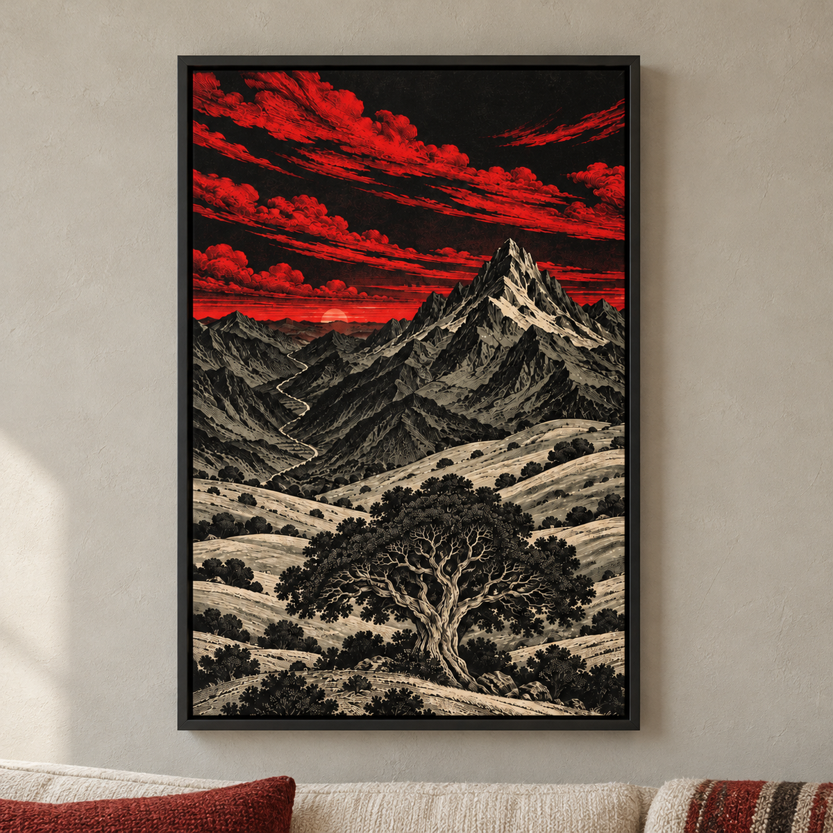 Crimson Mountain Woodcut Landscape — Black Frame room scene | AUSJOJO