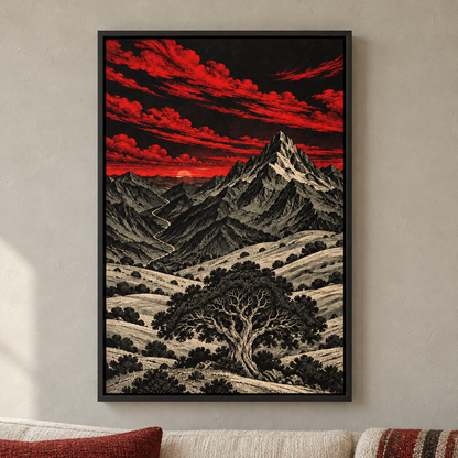 Crimson Mountain Woodcut Landscape — Black Frame room scene | AUSJOJO