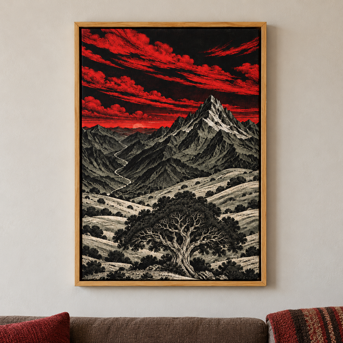 Crimson Mountain Woodcut Landscape — Brown Frame room scene | AUSJOJO