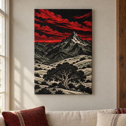 Crimson Mountain Woodcut Landscape — Stretched Canvas room scene | AUSJOJO