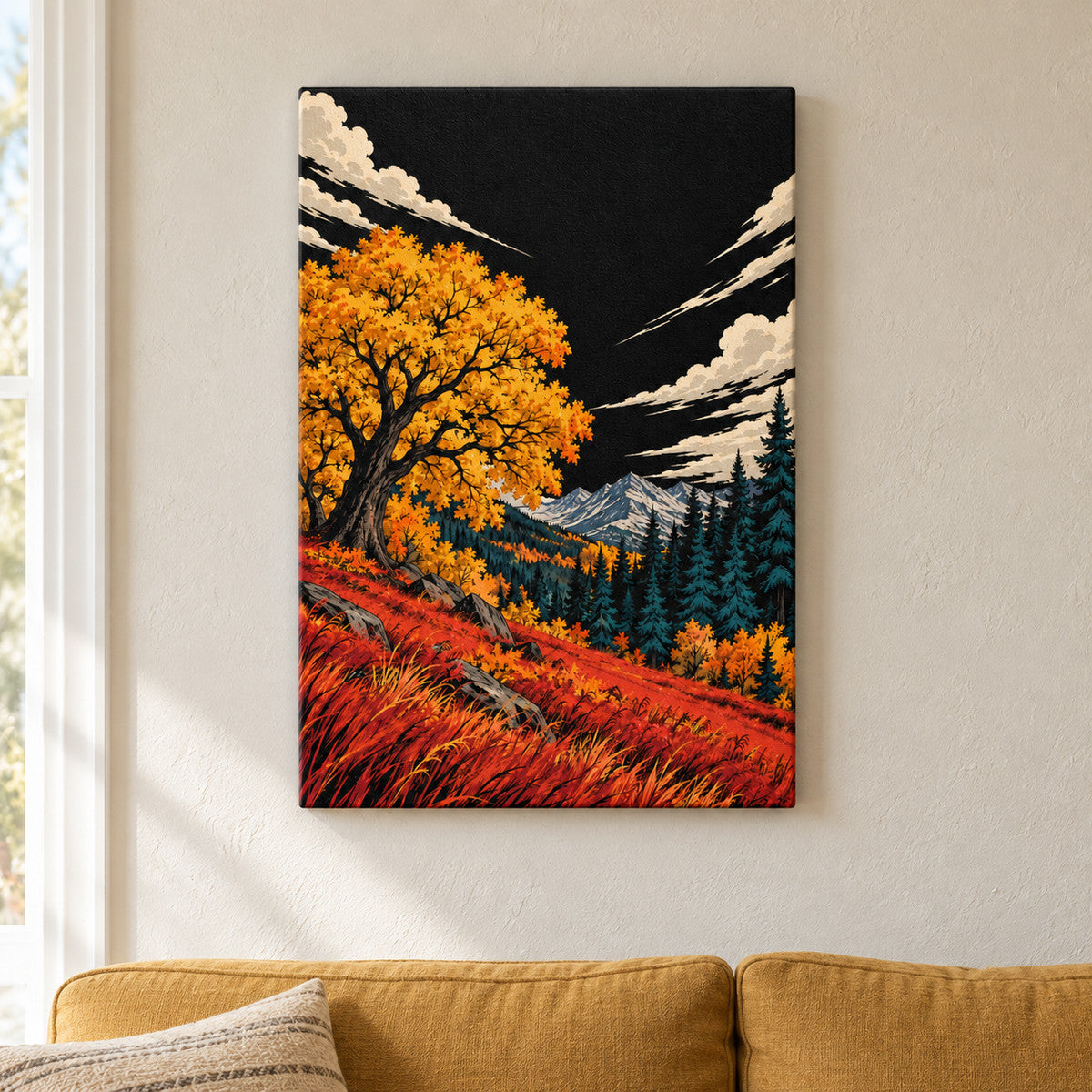 Golden Autumn Tree under Black Sky — framed artwork main view | AUSJOJO