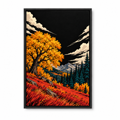 Golden Autumn Tree under Black Sky — Black Frame finish product view | AUSJOJO