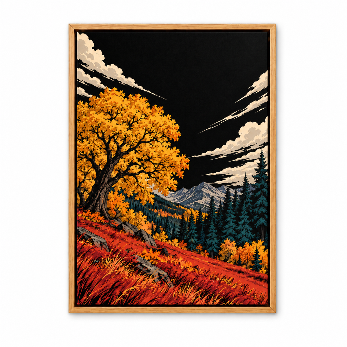 Golden Autumn Tree under Black Sky — Brown Frame finish product view | AUSJOJO