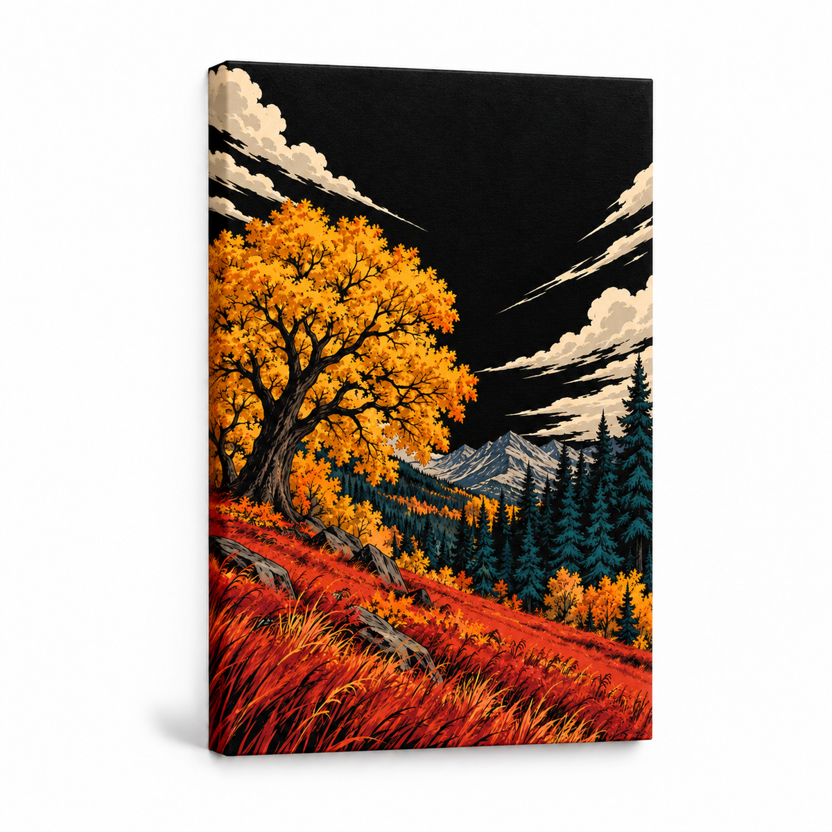 Golden Autumn Tree under Black Sky — Stretched Canvas product view | AUSJOJO