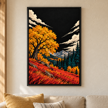 Golden Autumn Tree under Black Sky — Black Frame room scene | AUSJOJO