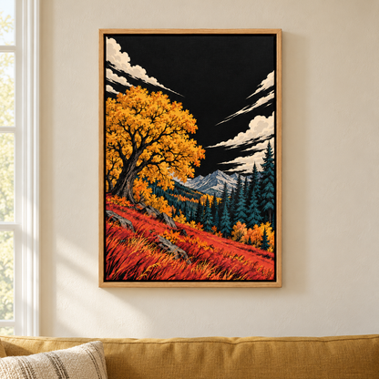 Golden Autumn Tree under Black Sky — Brown Frame room scene | AUSJOJO