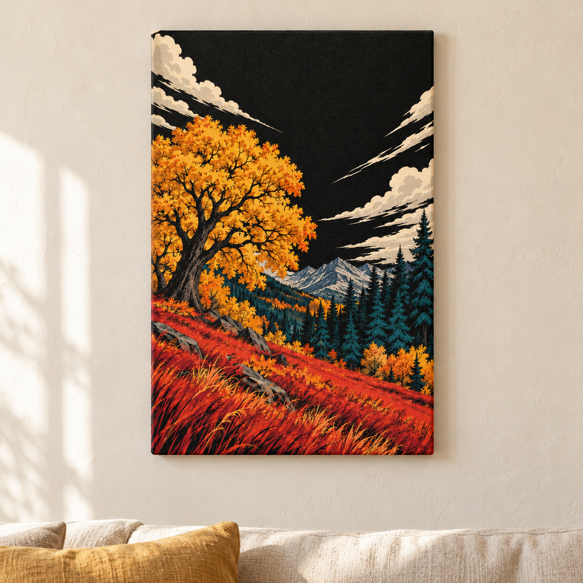 Golden Autumn Tree under Black Sky — Stretched Canvas room scene | AUSJOJO