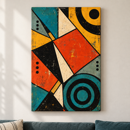 Distressed Modernist Polygon Rhythm — Stretched Canvas room scene | AUSJOJO