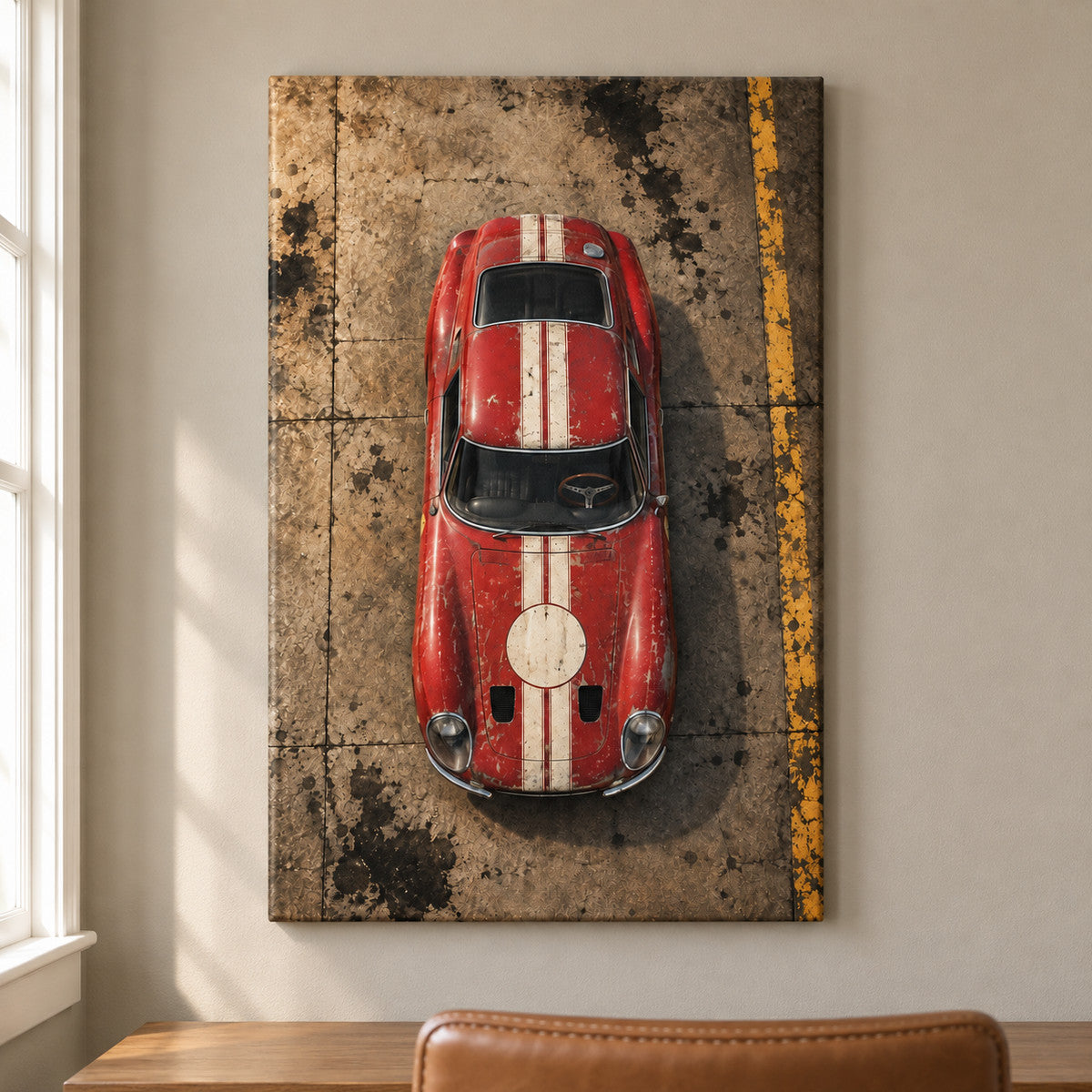 Overhead Red Vintage Racing Coupe — framed artwork main view | AUSJOJO