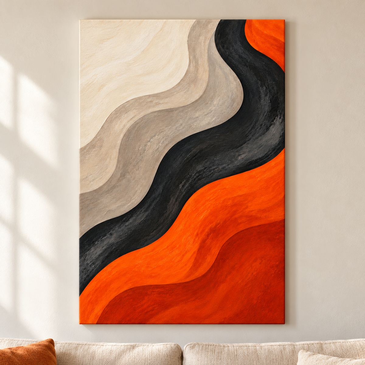 Warm Neutral Flow Abstract — Stretched Canvas room scene | AUSJOJO