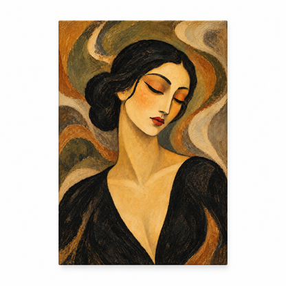 Contemplative Vintage Woman Portrait — Stretched Canvas product view | AUSJOJO