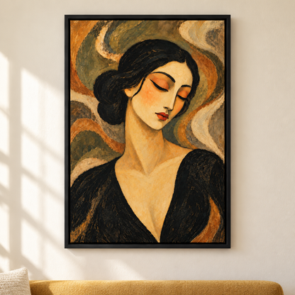 Contemplative Vintage Woman Portrait — Black Frame room scene | AUSJOJO