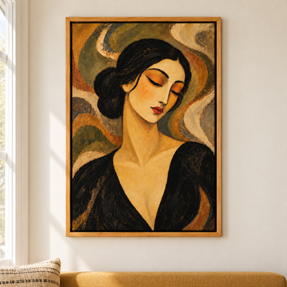 Contemplative Vintage Woman Portrait — Brown Frame room scene | AUSJOJO