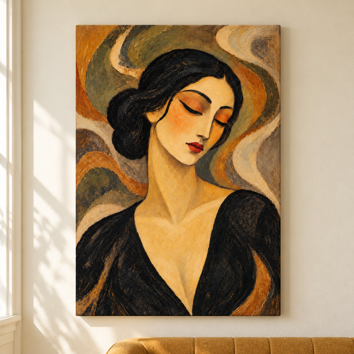 Contemplative Vintage Woman Portrait — Stretched Canvas room scene | AUSJOJO