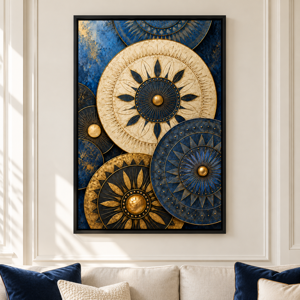 Etched Celestial Discs Abstract — Black Frame room scene | AUSJOJO