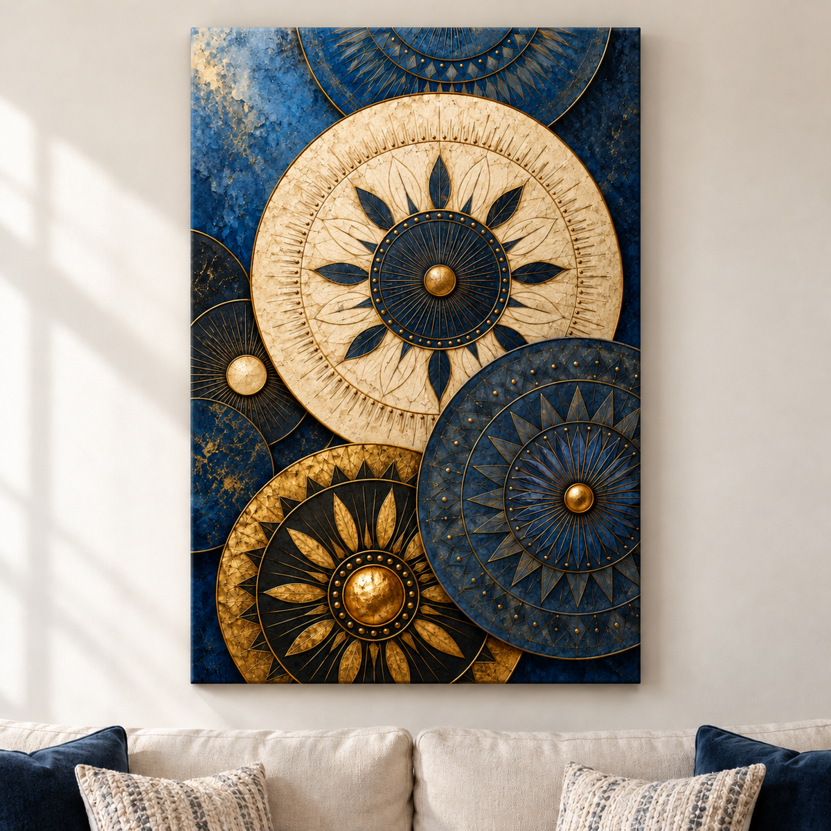 Etched Celestial Discs Abstract — Stretched Canvas room scene | AUSJOJO