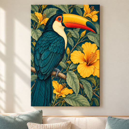 Tropical Toucan and Golden Flowers — framed artwork main view | AUSJOJO