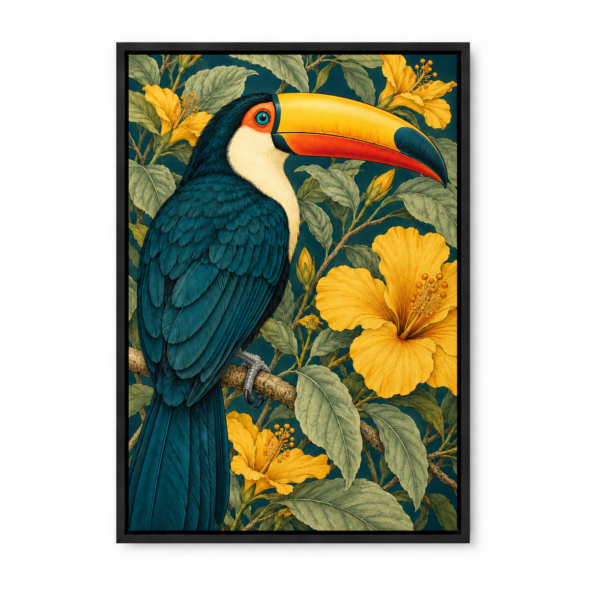 Tropical Toucan and Golden Flowers — Black Frame finish product view | AUSJOJO