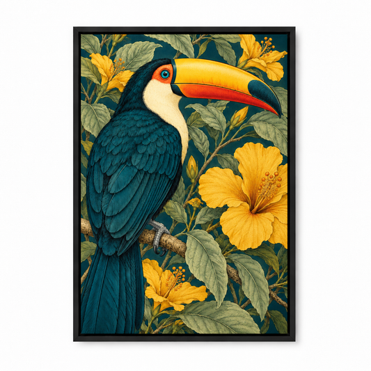 Tropical Toucan and Golden Flowers — Black Frame finish product view | AUSJOJO