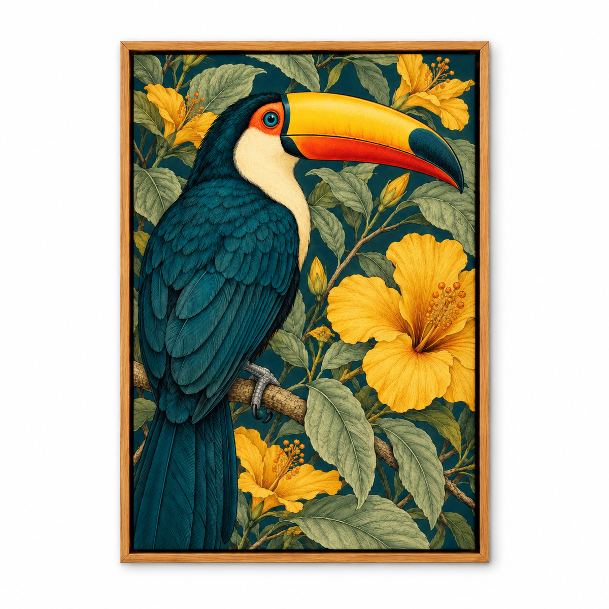 Tropical Toucan and Golden Flowers — Brown Frame finish product view | AUSJOJO