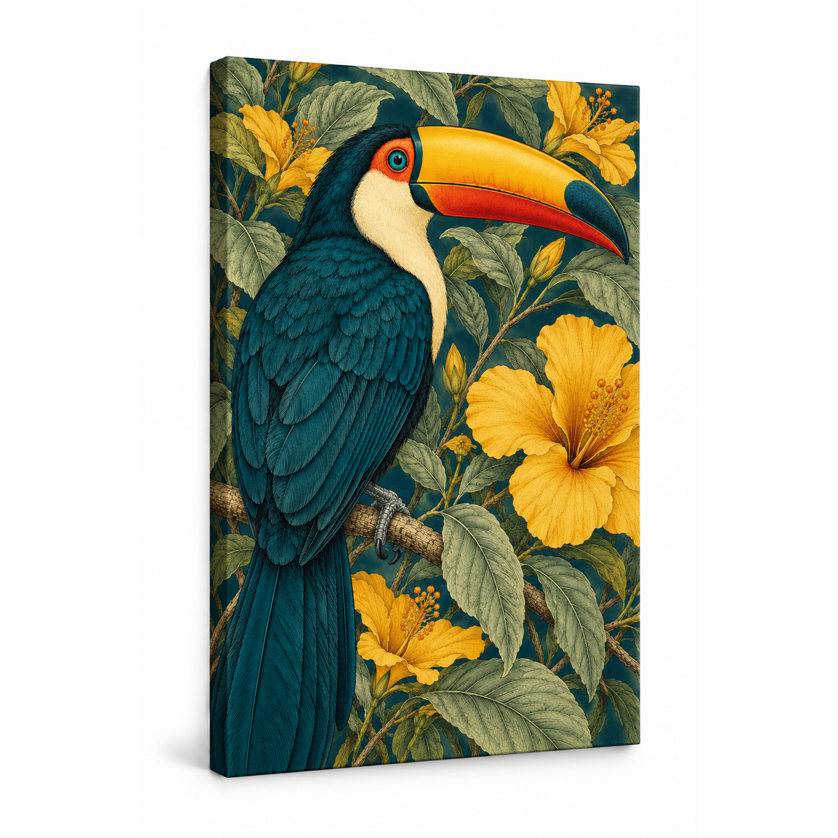 Tropical Toucan and Golden Flowers — Stretched Canvas product view | AUSJOJO